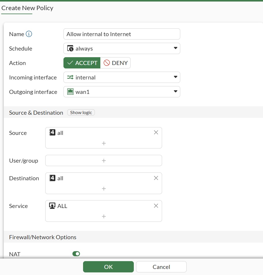 หน้า Create New Policy ส่วนบน — Name, Schedule, Action, Interface, Source/Destination/Service