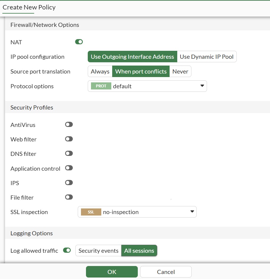 หน้า Create New Policy ส่วนล่าง — NAT enabled, Security Profiles ปิดทั้งหมด, Log All sessions