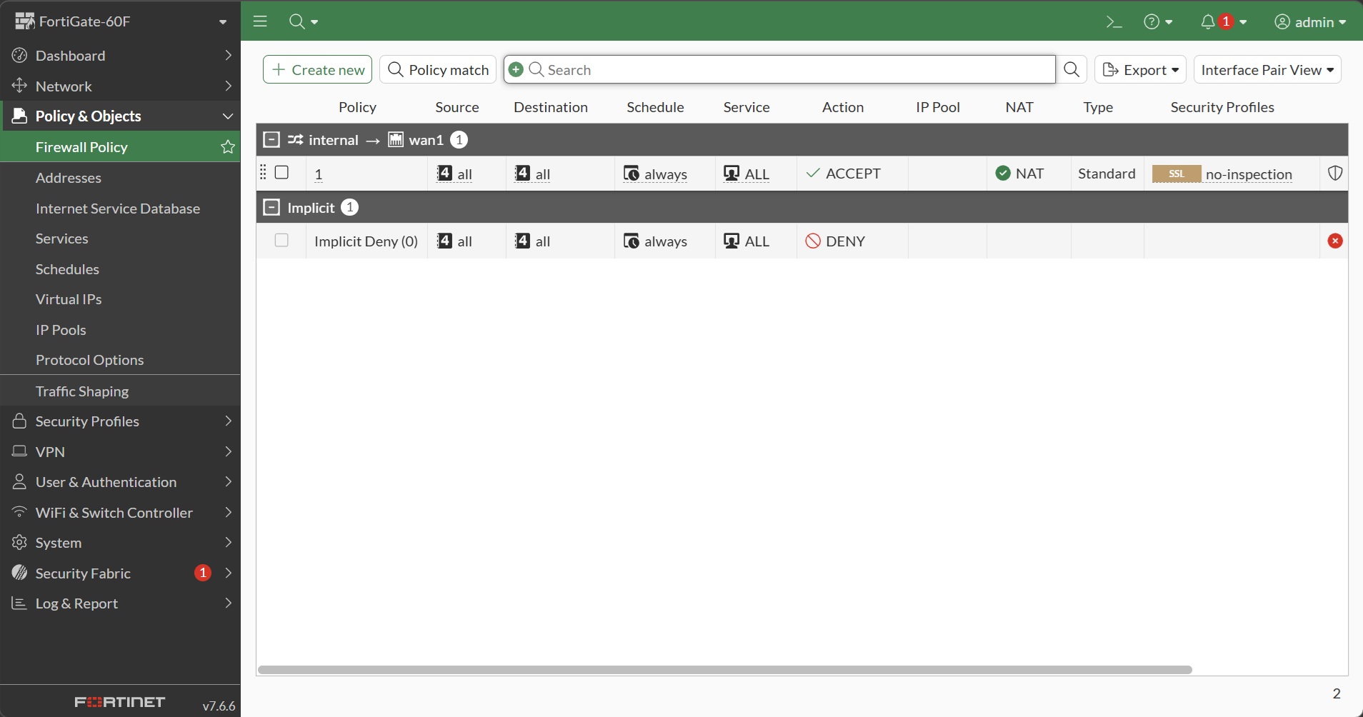 หน้า Firewall Policy แสดง default policy internal → wan1 ที่ firmware สร้างไว้แล้ว