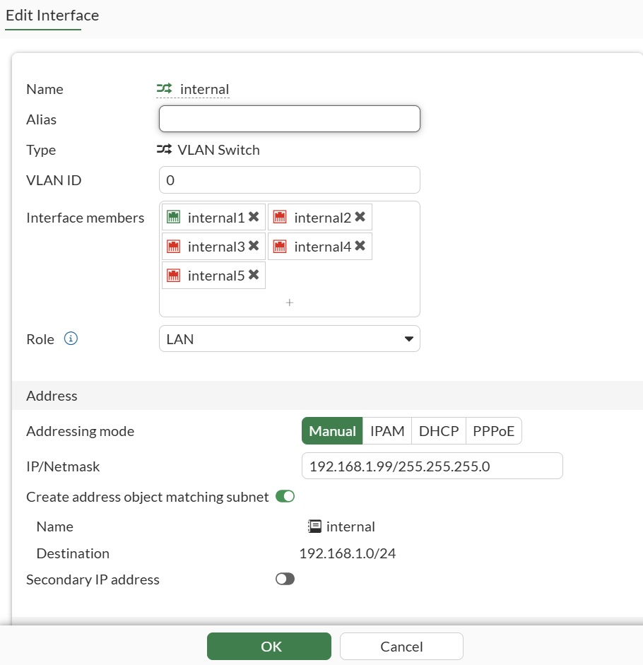 หน้าจอแก้ไข internal interface — VLAN Switch, IP 192.168.1.99/24, Role LAN