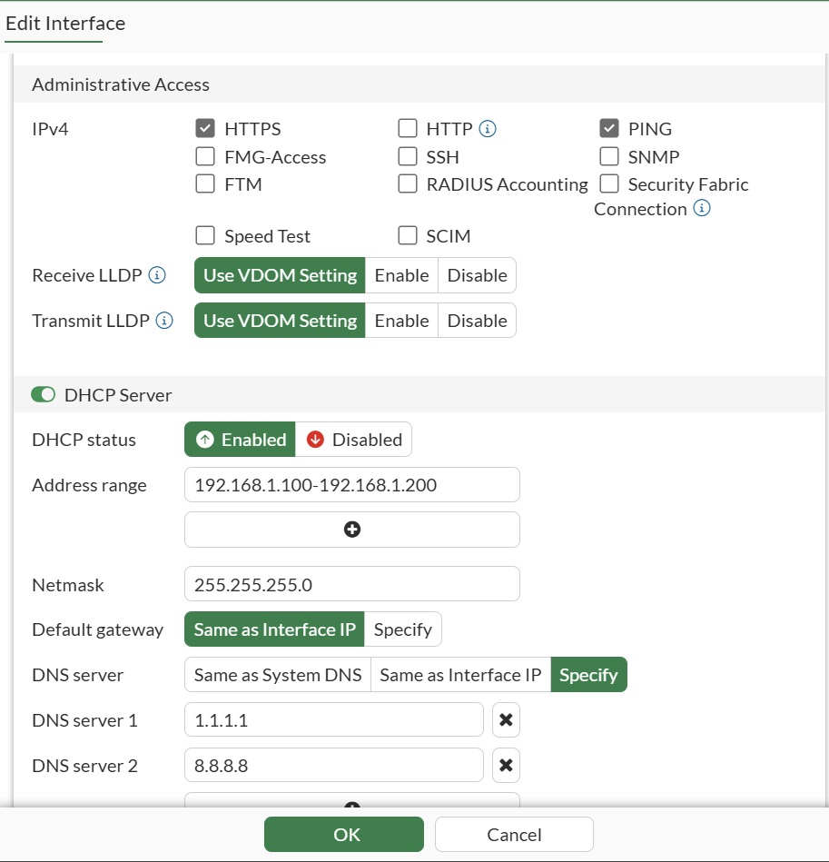 หน้าจอตั้งค่า DHCP Server — Range .100-.200, Gateway 192.168.1.99, DNS 1.1.1.1 + 8.8.8.8