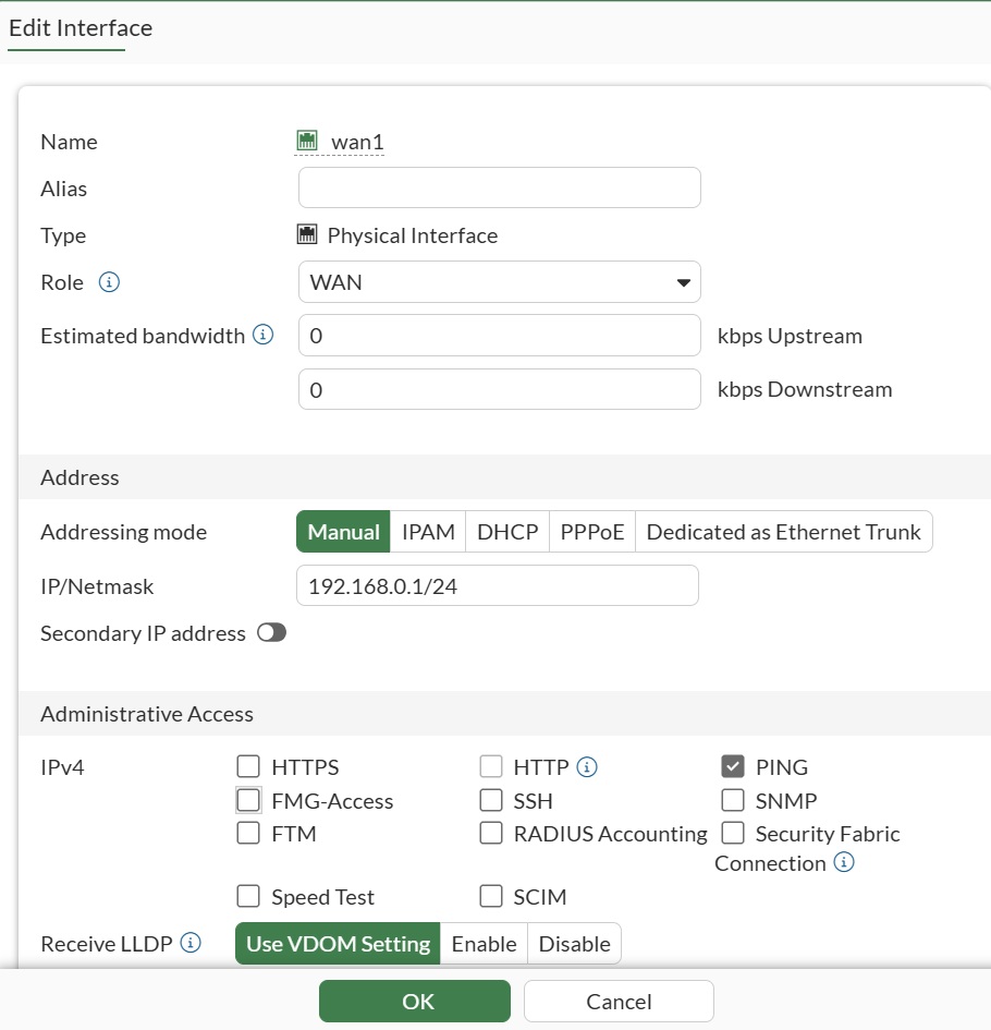 หน้าจอแก้ไข wan1 — IP 192.168.0.1/24, Role WAN, Administrative Access เปิดเฉพาะ PING