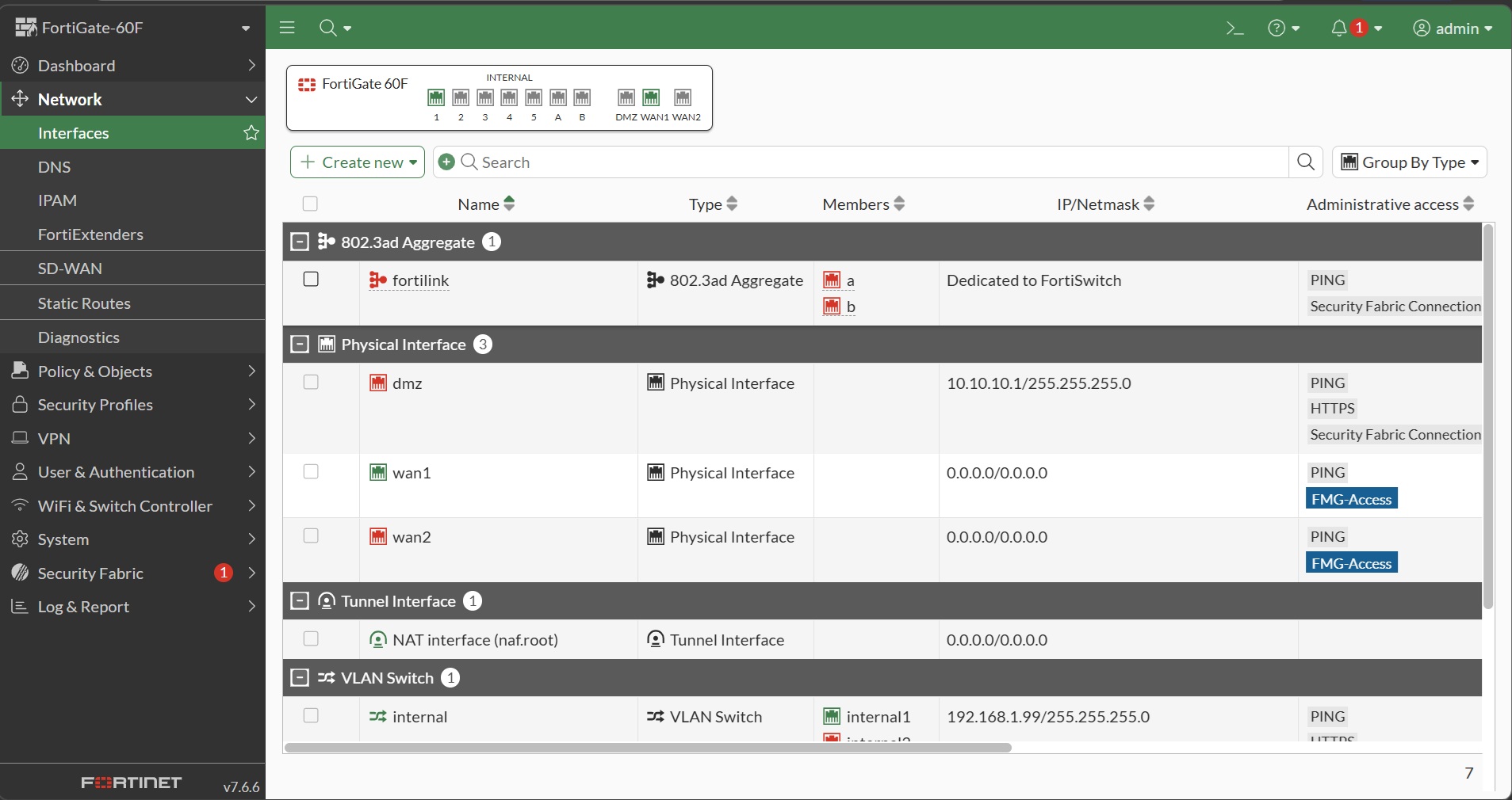 หน้าจอ Network → Interfaces ใน FortiGate 60F แสดง wan1, dmz, internal