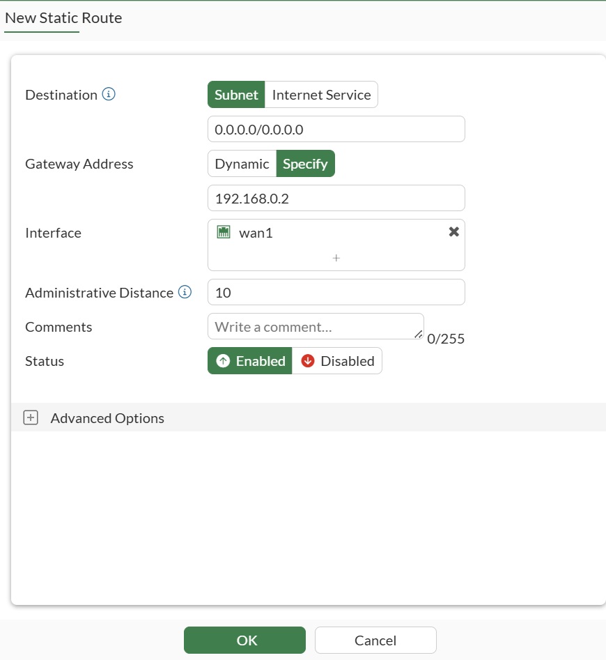 หน้าจอ New Static Route — Destination 0.0.0.0/0, Gateway 192.168.0.2, Interface wan1
