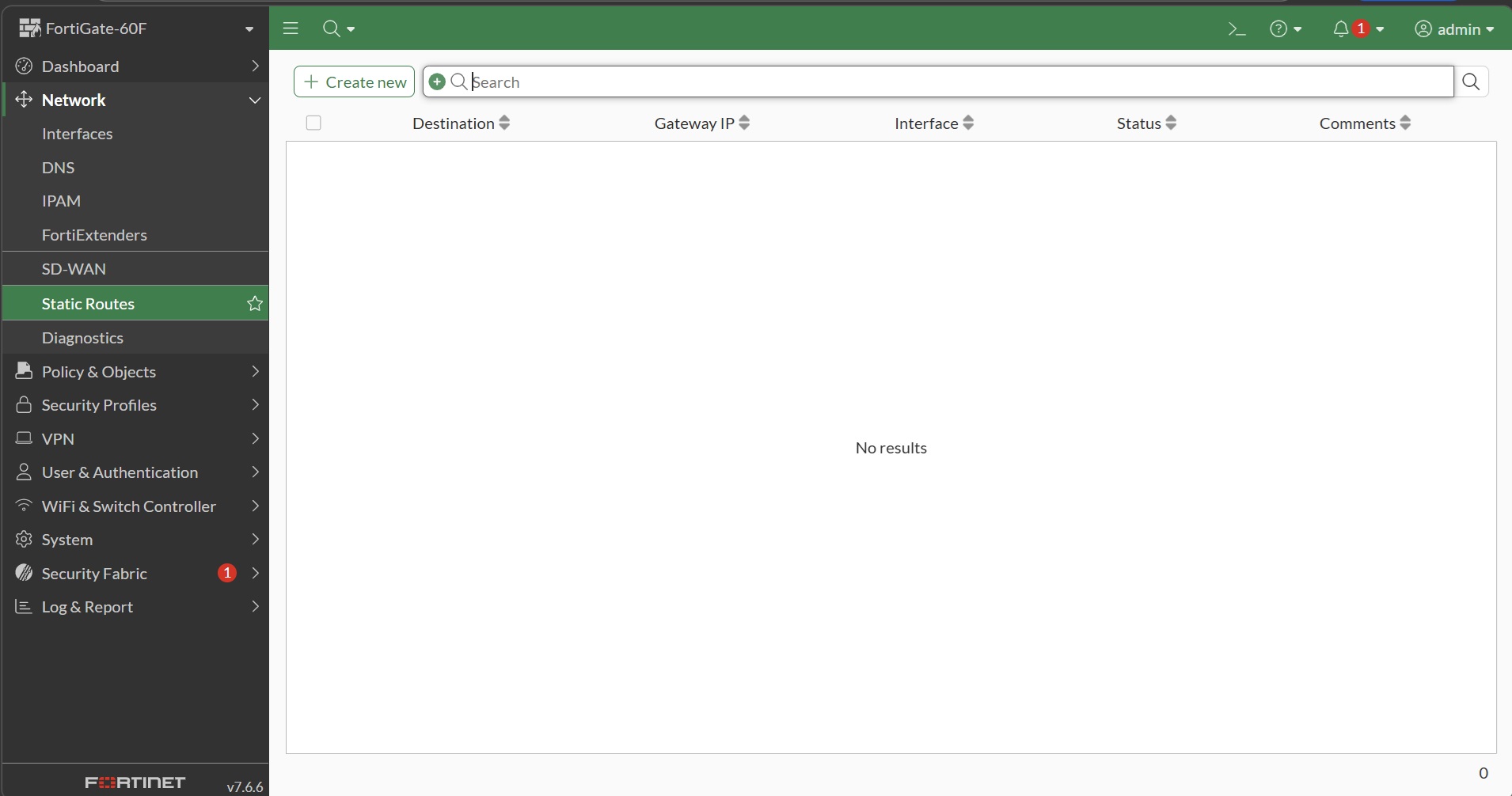 หน้า Static Routes ว่างเปล่า — ยังไม่มี route ใด ๆ