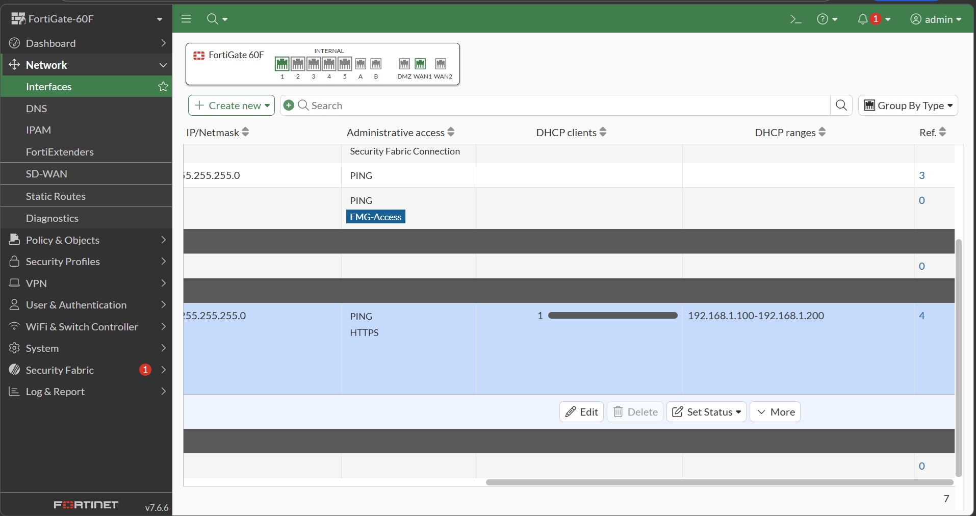 หน้า Interfaces แสดง DHCP clients = 1, range 192.168.1.100-192.168.1.200