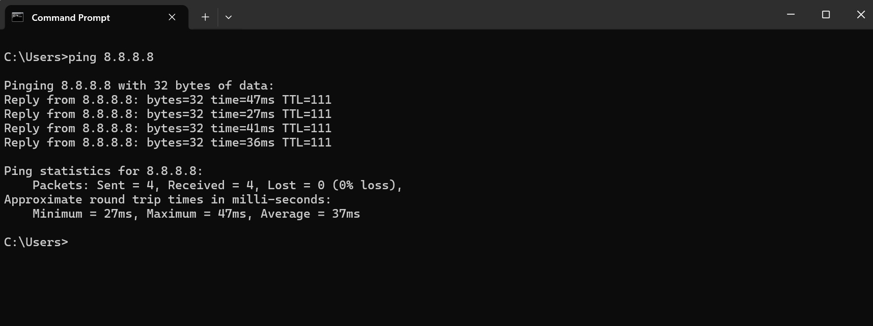 Command Prompt บน Windows — ping 8.8.8.8 ได้ผลตอบกลับ 4/4 packets
